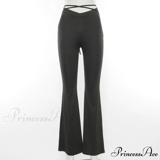 Lace Up V Waist Low Rise Flare Pants black / M