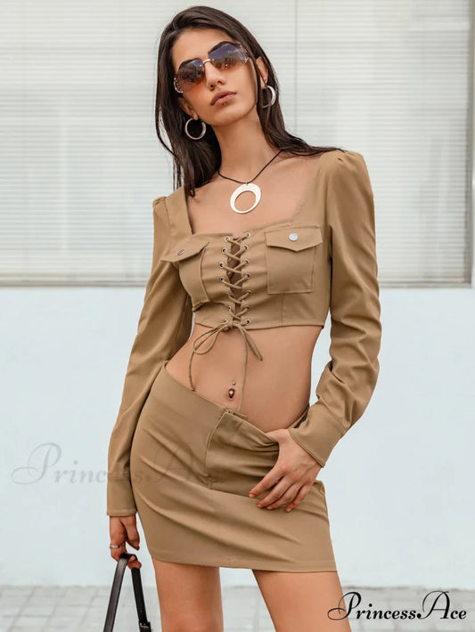 Lace-Up with and Set Cropped Top Skirt Detail Tan / S