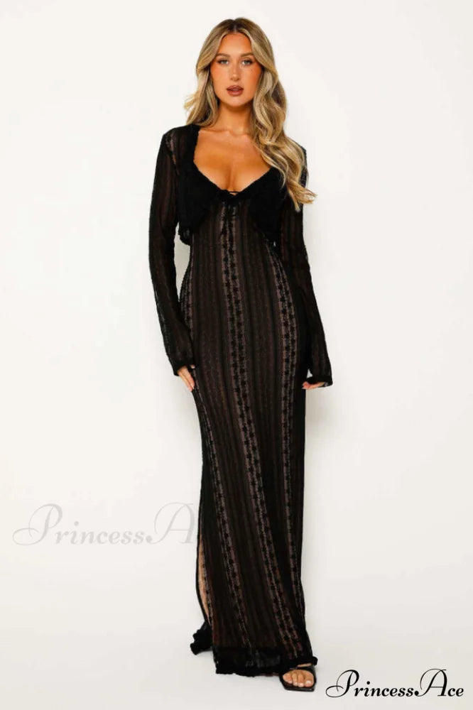 Lace V Neck Charming Slit Two-Piece Dress S / Black