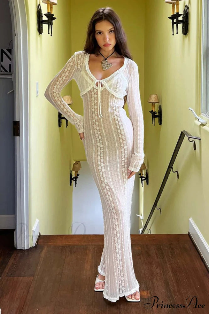 Lace V Neck Charming Slit Two-Piece Dress S / Cream