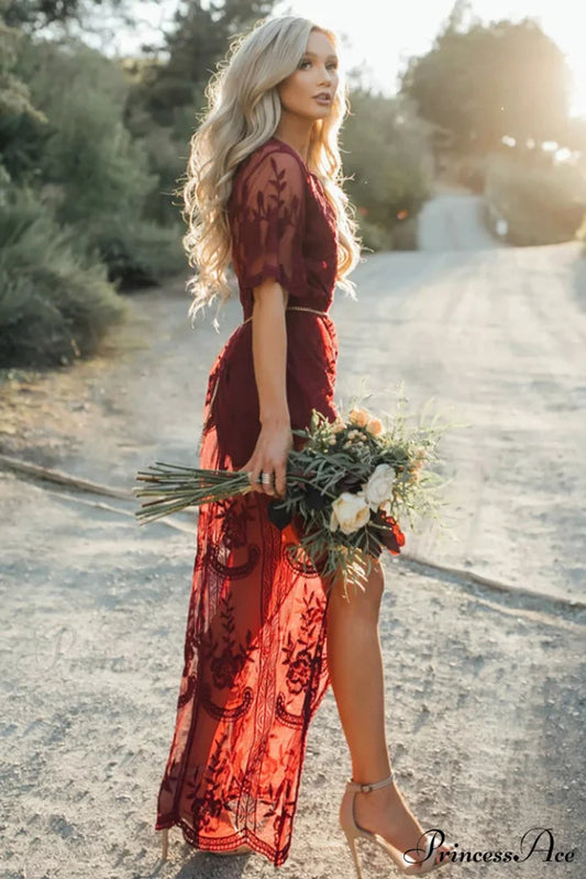 Lace V-neck Short Charming Sleeve Cover Up Free Size / Wine