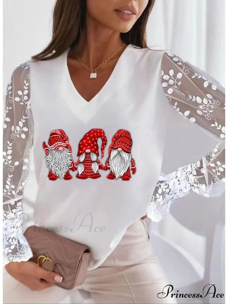 Lace Women’s Patchwork Silver Maroon Reindeer Christmas Peach Trim Tee Red / S