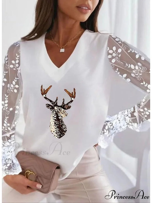 Lace Women’s Patchwork Silver Maroon Reindeer Christmas Peach Trim Tee Silver / S
