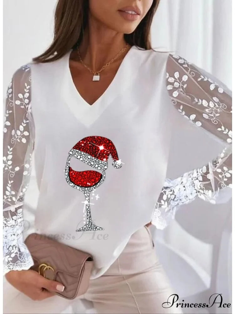 Lace Women’s Patchwork Silver Maroon Reindeer Christmas Peach Trim Tee White / S