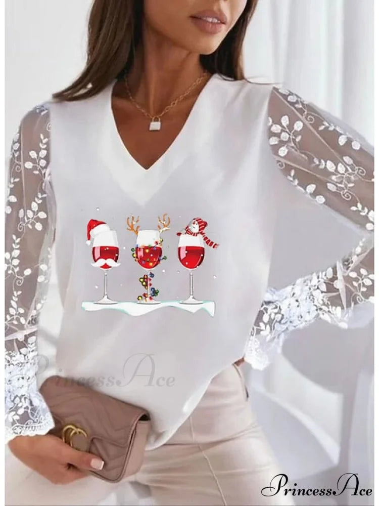Lace Women’s Patchwork Silver Maroon Reindeer Christmas Peach Trim Tee Wine / S