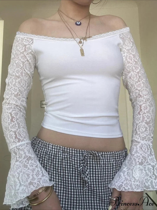 Lacework Lace Slender Slash Neck Flare Sleeve Extended Sleeve Knit Top WHITE / S knittop-250126
