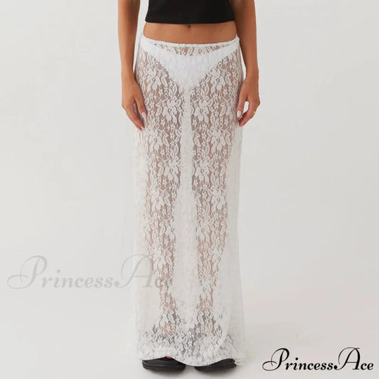 Lacy Flower Sheer Short Sleeve Crop Top Long Skirt Two Pieces Set Beige / S twopiecesset-250126