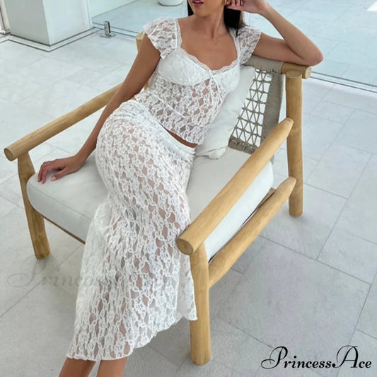 Lacy Flower Sheer Short Sleeve Crop Top Long Skirt Two Pieces Set twopiecesset-250126