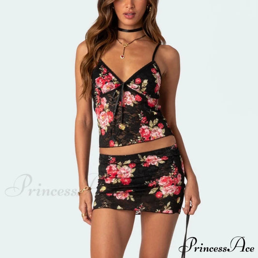 Lacy Flower V Neck Spaghetti Strap Crop Top Mini Pencil Skirt Two Pieces Set Black / S twopiecesset-250126