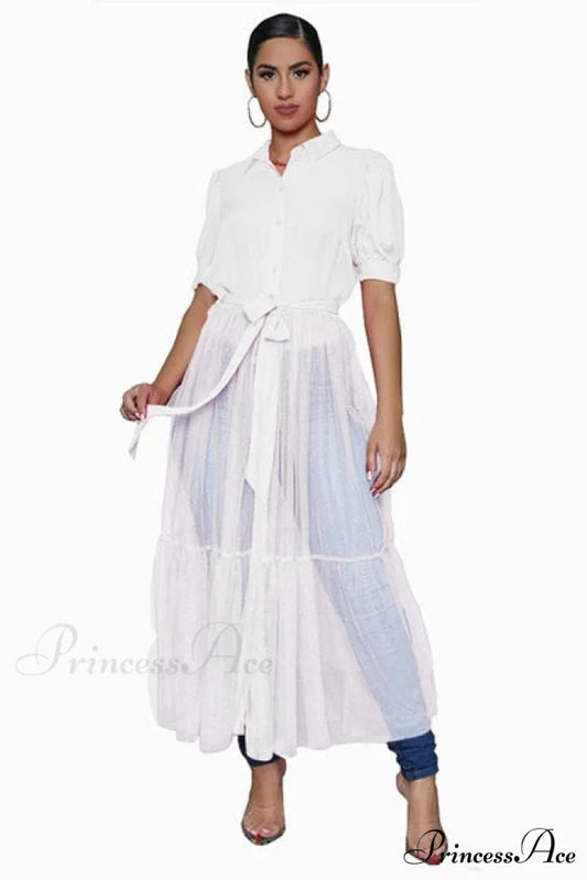 Ladies Long Solid Color Casual Dress Short Sleeve White / L