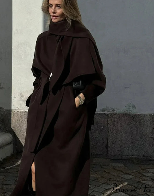 Ladies’ Shawl Collar Woolen Cinched Overcoat Coffee color / S overcoats-241228