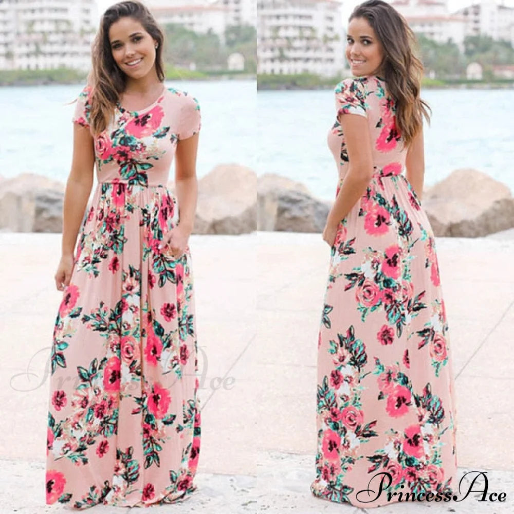 Ladies White Maxi Evening Party Dress Pink 2 / S