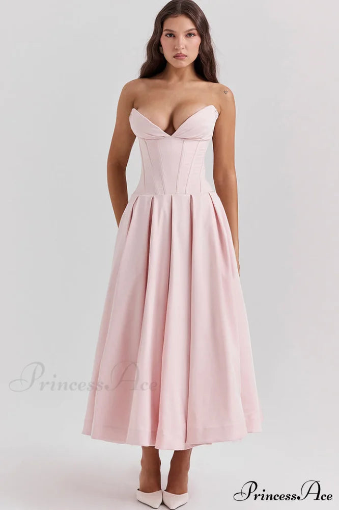 Lady Black Stylish Strapless Midi Dress XS / Peach Pink