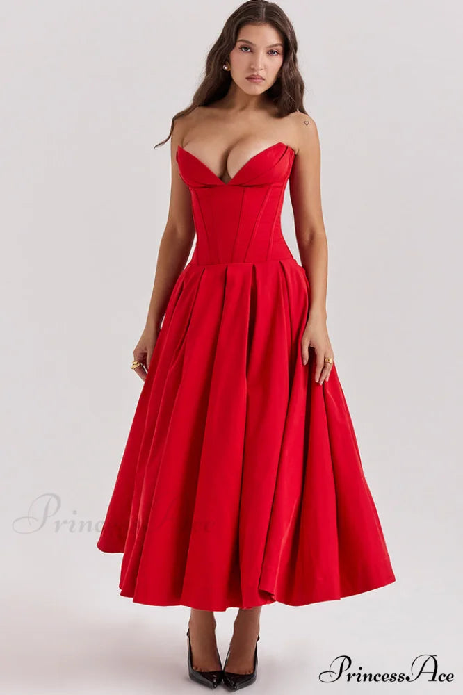 Lady Black Stylish Strapless Midi Dress XS / Red