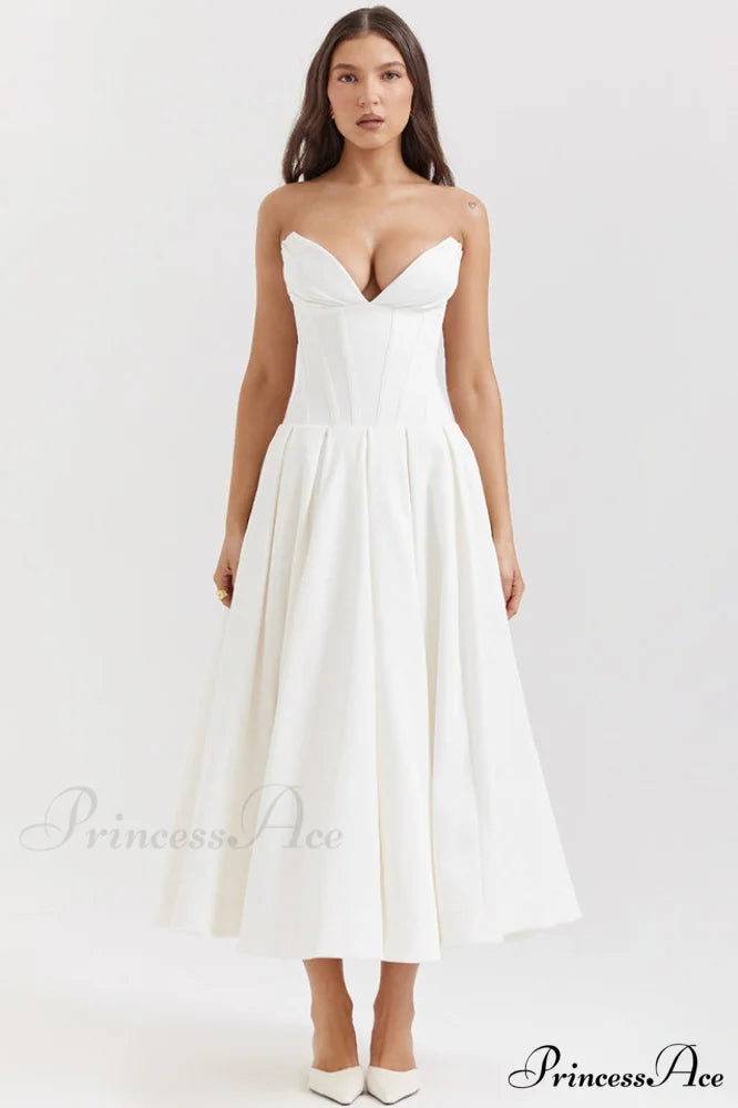 Lady Black Stylish Strapless Midi Dress XS / White