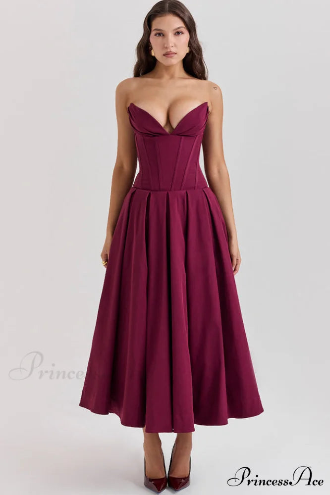 Lady Black Stylish Strapless Midi Dress XS / Wine
