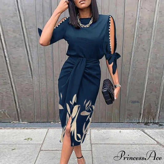 Lady Elegant O Neck Draped Slit Long Dress 01 Blue / S