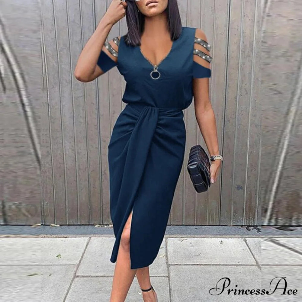 Lady Elegant O Neck Draped Slit Long Dress Zipper Blue / S