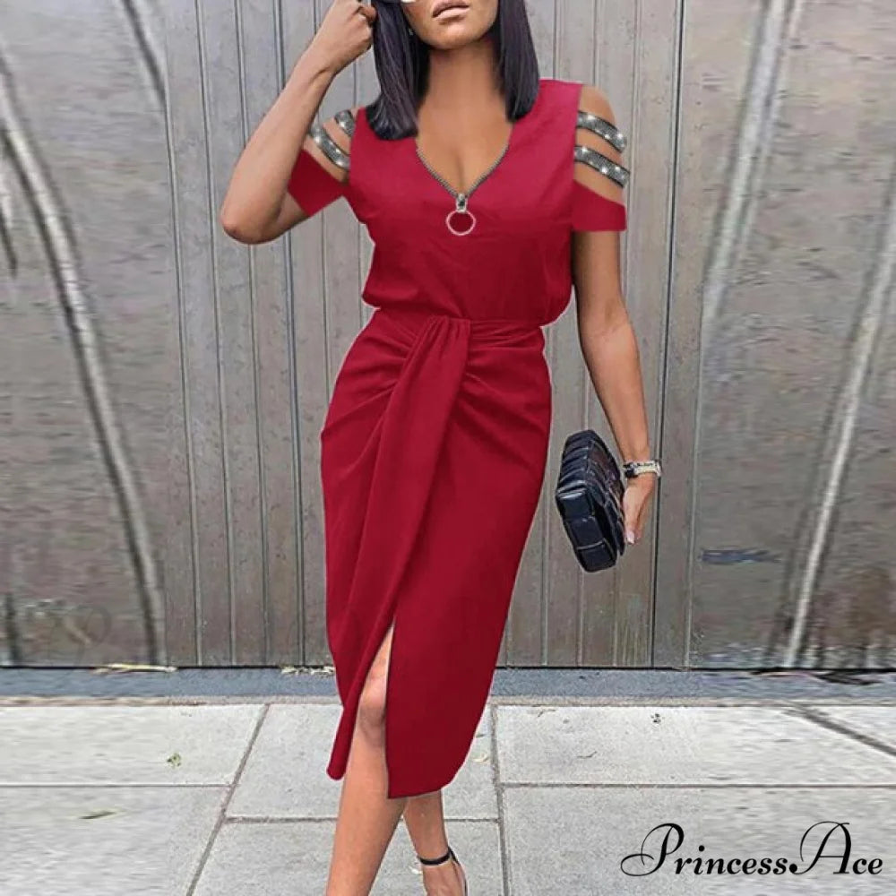 Lady Elegant O Neck Draped Slit Long Dress Zipper Red / S