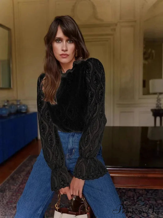 Lamp Sleeve Upright Neck Flower Boho Blouse Black / M bohoblouse-250126