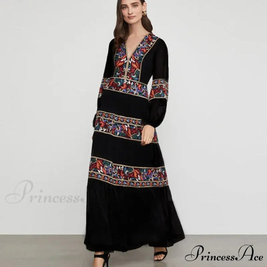 Lantern Extended Sleeve V-neck Full-Length Dress Black / S bohodress-250126