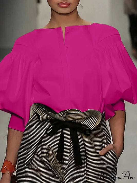 Lantern Quarter Sleeve Button Round Neck Blouse Modified Title: Lantern One-fourth Sleeve Button Circular Neck Blouse