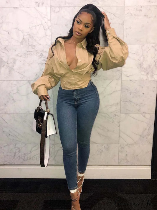 Lantern Sleeve Graceful Belted Shirt Dress Khaki / M