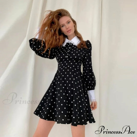 Lantern Sleeve Polka Dot A-Line Dress black / XXL
