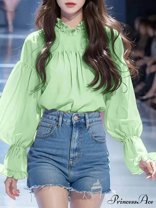 Lantern Sleeve Solid Stand Collar Blouse Modified Title: Lantern Sleeve Monochrome High Neck Blouse Green / S