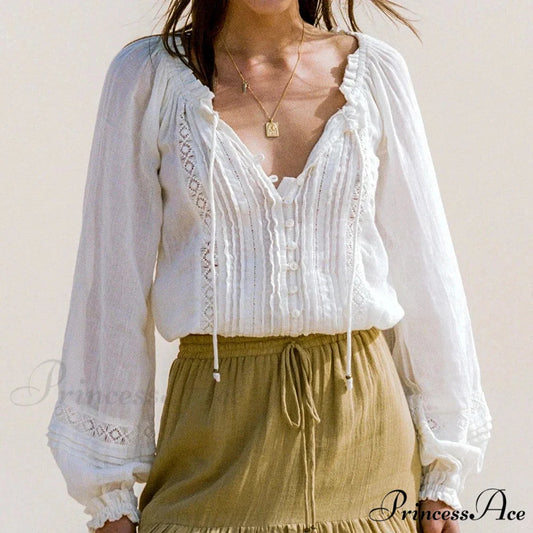 Lantern Sleeve V-Neck Lace Retro Cotton Boho Top bohoblouse-250126