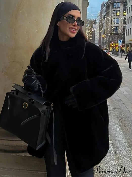 Lapel Faux Fur Vintage Coat Black / S