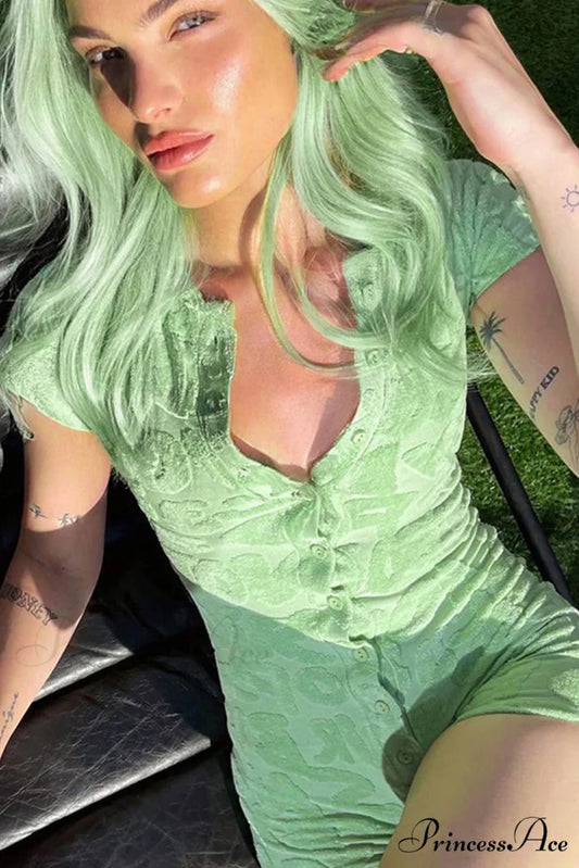 Lapel Terry Rompers with Button Down Green / M