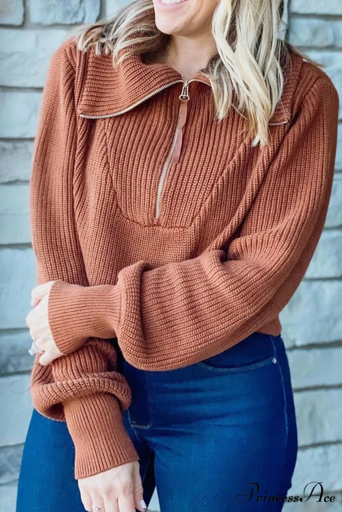 Lapel Zipper Sweater Brown / S