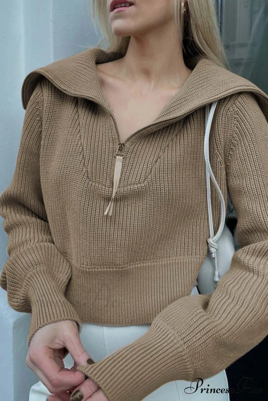 Lapel Zipper Sweater Khaki / S