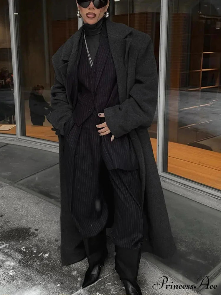 Large Black Woolen Mix Coat coats-241228