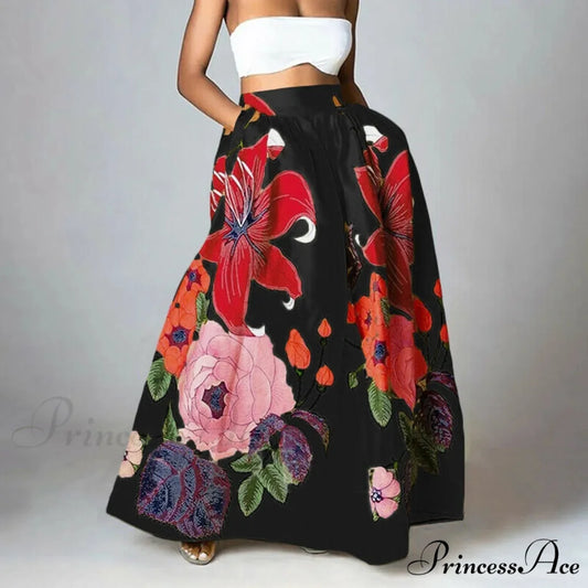 Large Blossom Patterned A-Line High Waist Long Maxi Skirt skirt-250126