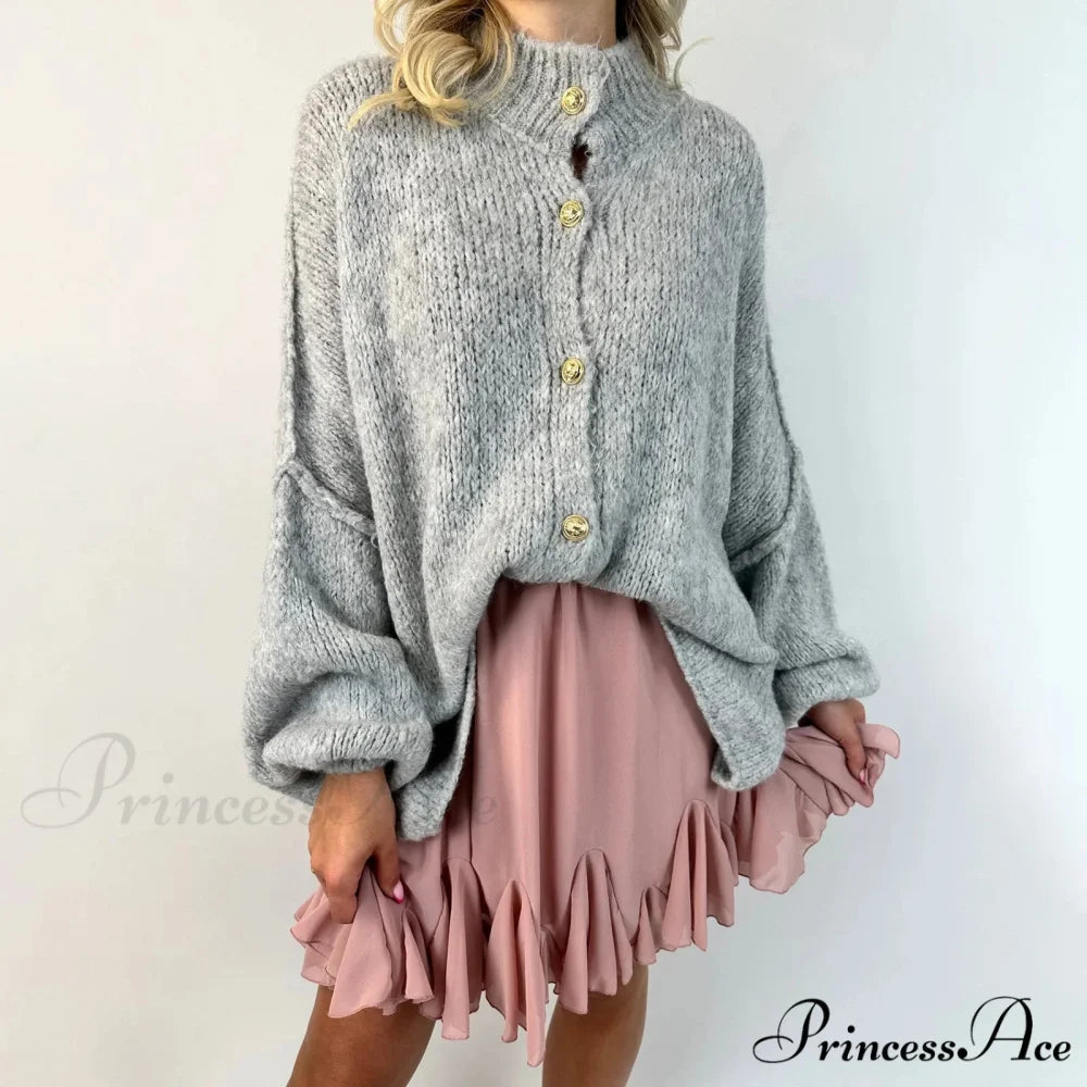 Large Button Up Bulky Knit Cardigan grey / S cardigans-241228