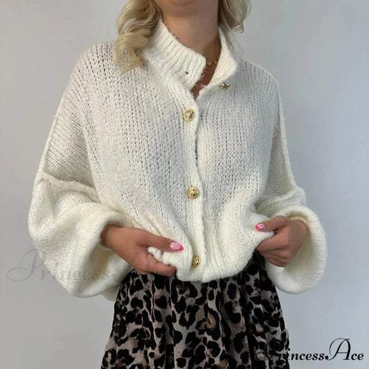 Large Button Up Bulky Knit Cardigan white / S cardigans-241228