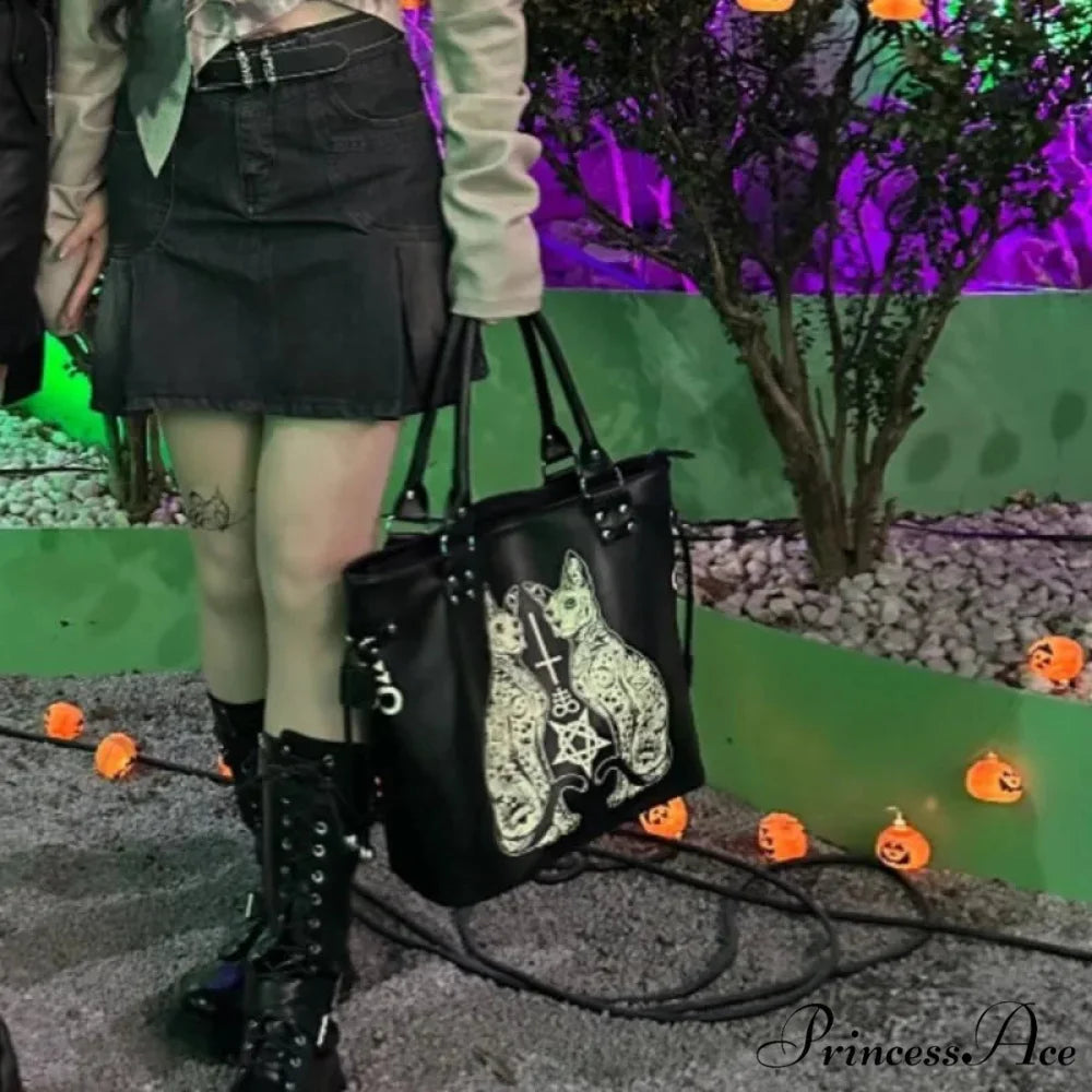 Large Capacity Black High Street Lolita Gothic Leather Y2K Grunge Punk Bag Black