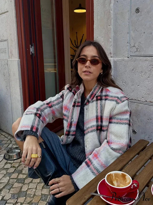 Large Checkered Pattern Woolen Bomber Jacket Plaid / S coats-241228