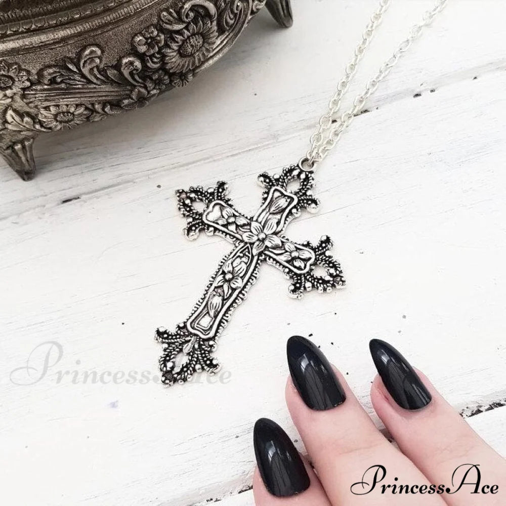 Large Detailed Cross Drill Pendant Jewel Necklace Blue zinc / 70cm