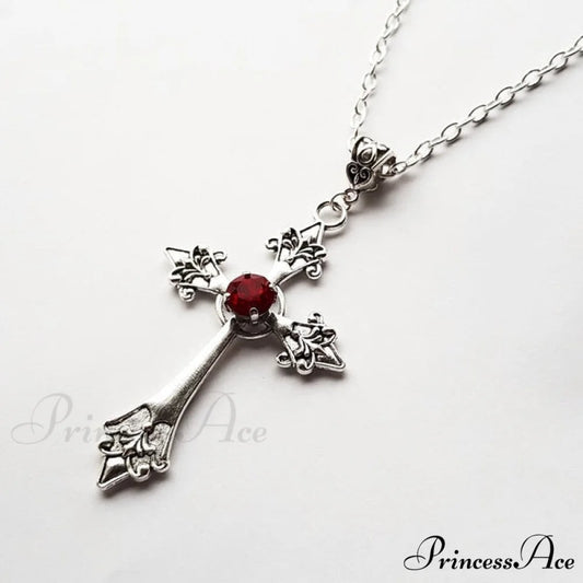 Large Detailed Cross Drill Pendant Jewel Necklace Steel color / 70cm