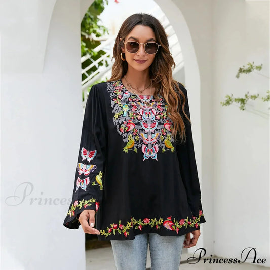 Large Flower Embroidery Baggy Cotton Boho Top Black / S bohoblouse-250126
