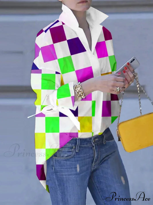 Large Size Patchwork Tartan Fold-down Collar Blouse blouse-250126