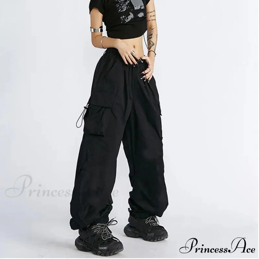 Large Solid Cargo Drawstring Trousers Black / S pants-241228