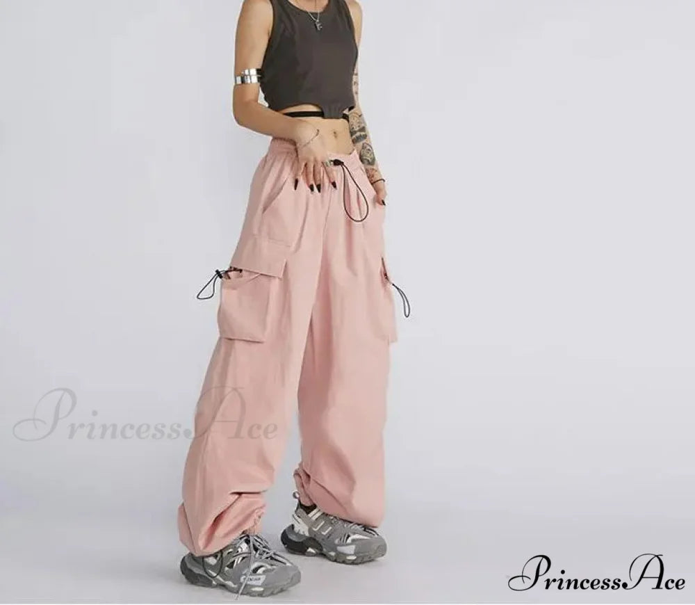Large Solid Cargo Drawstring Trousers pants-241228