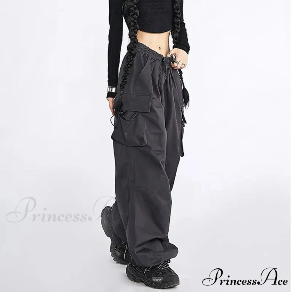 Large Solid Cargo Drawstring Trousers pants-241228