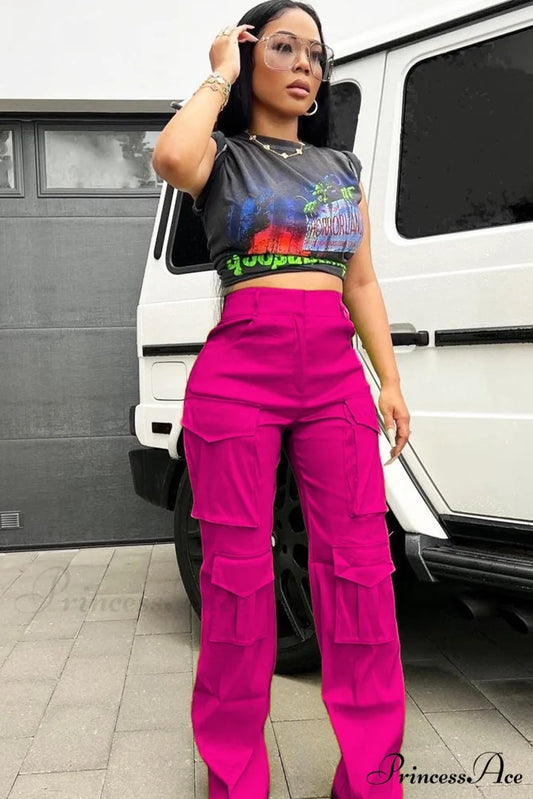 Large with Solid Cargo Pants Pocket Rose / S