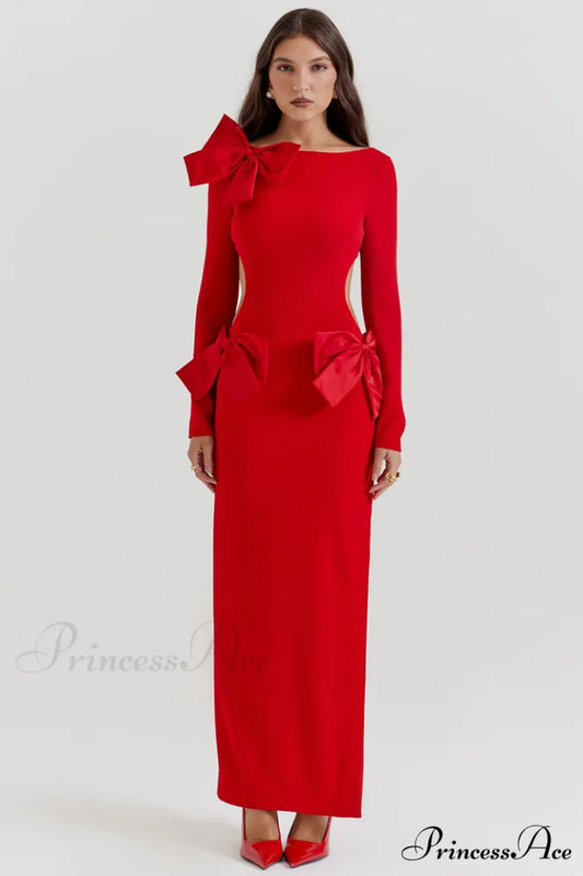 Lavele Red Stylish Bow Maxi Dress XS / Red