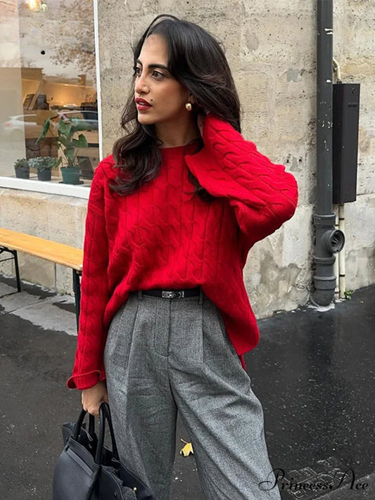 Lazy Twist O-Neck Long Sleeve Side Split Knitted Christmas Sweater Red / S